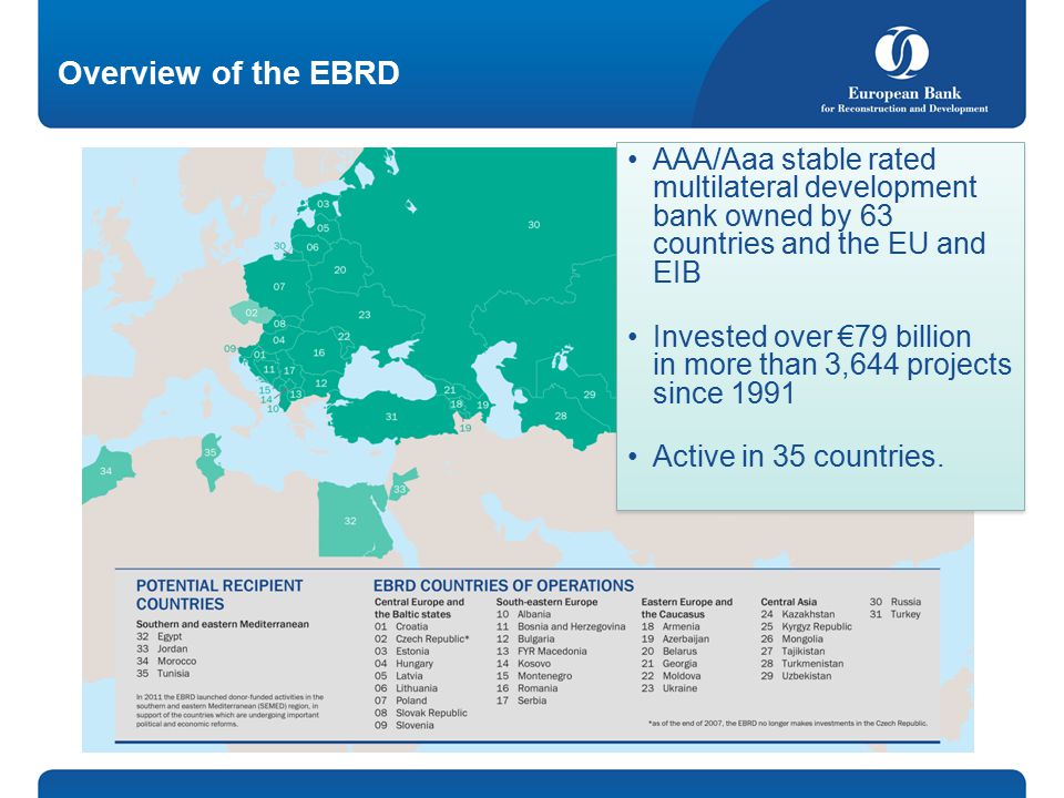 Overview of the EBRD 2 AAA/Aaa stable rated multilateral development bank owned by 63 countries and the EU and EIB Invested over €79 billion in more than 3,644 projects since 1991 Active in 35 countries.