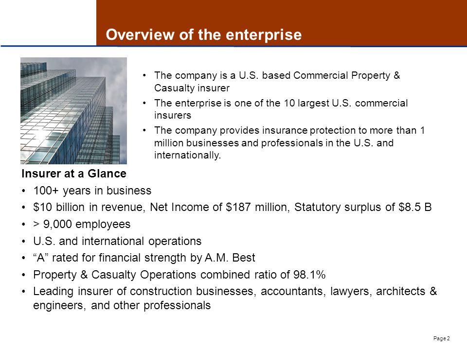 Page 2 Overview of the enterprise Insurer at a Glance 100+ years in business $10 billion in revenue, Net Income of $187 million, Statutory surplus of $8.5 B > 9,000 employees U.S.
