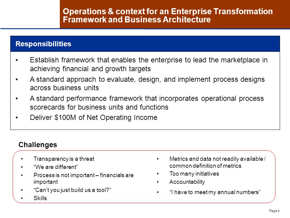 Page 4 Operations & context for an Enterprise Transformation Framework and Business Architecture Responsibilities Establish framework that enables the enterprise to lead the marketplace in achieving financial and growth targets A standard approach to evaluate, design, and implement process designs across business units A standard performance framework that incorporates operational process scorecards for business units and functions Deliver $100M of Net Operating Income Metrics and data not readily available / common definition of metrics Too many initiatives Accountability I have to meet my annual numbers Transparency is a threat We are different Process is not important – financials are important Can’t you just build us a tool Skills Challenges