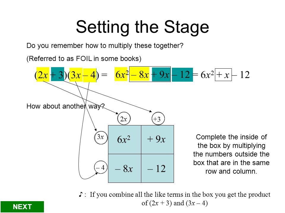 2x2x 3x3x +3 – 4 Setting the Stage Do you remember how to multiply these together.
