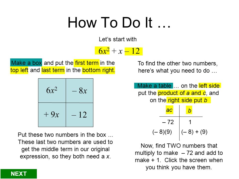 How To Do It … Let’s start with Make a box and put the first term in the top left and last term in the bottom right.