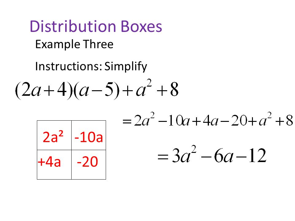 Distribution Boxes 2a a-5 2a² Instructions: Simplify a +4a-20 Example Three