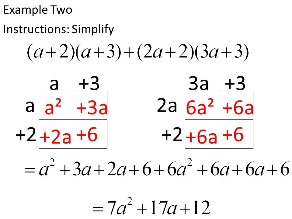 a a+3 a² Instructions: Simplify +2 +3a +2a +6 Example Two 2a 3a+3 6a² +2 +6a +6