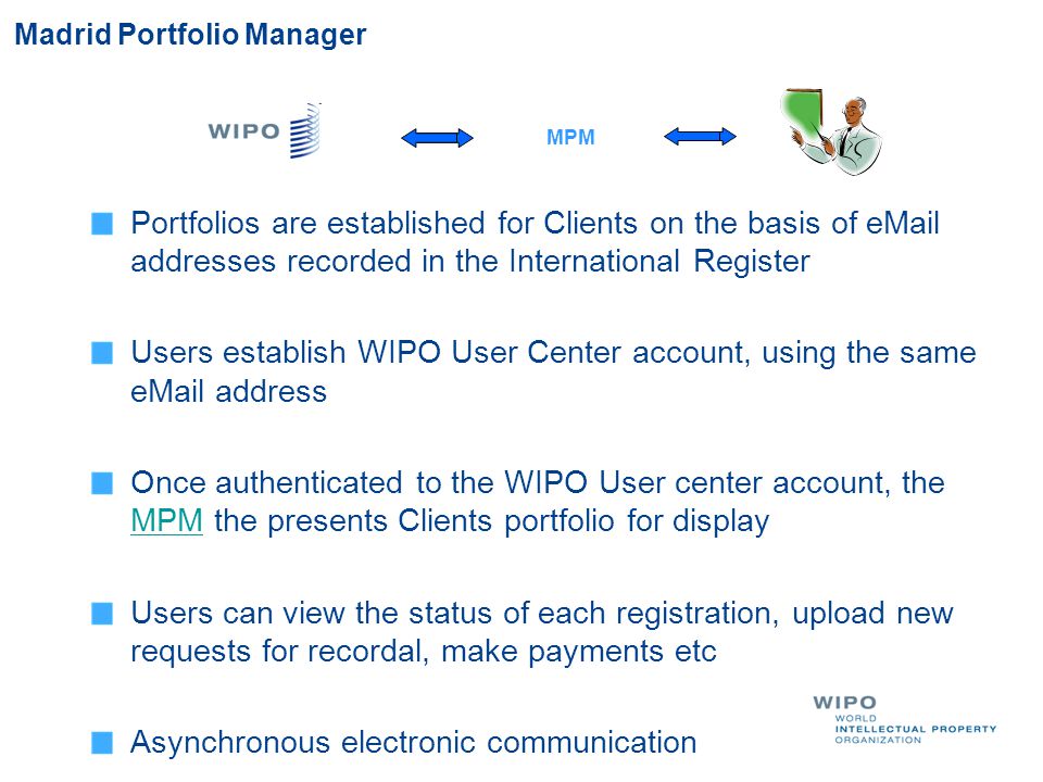Madrid Portfolio Manager Portfolios are established for Clients on the basis of  addresses recorded in the International Register Users establish WIPO User Center account, using the same  address Once authenticated to the WIPO User center account, the MPM the presents Clients portfolio for display MPM Users can view the status of each registration, upload new requests for recordal, make payments etc Asynchronous electronic communication MPM