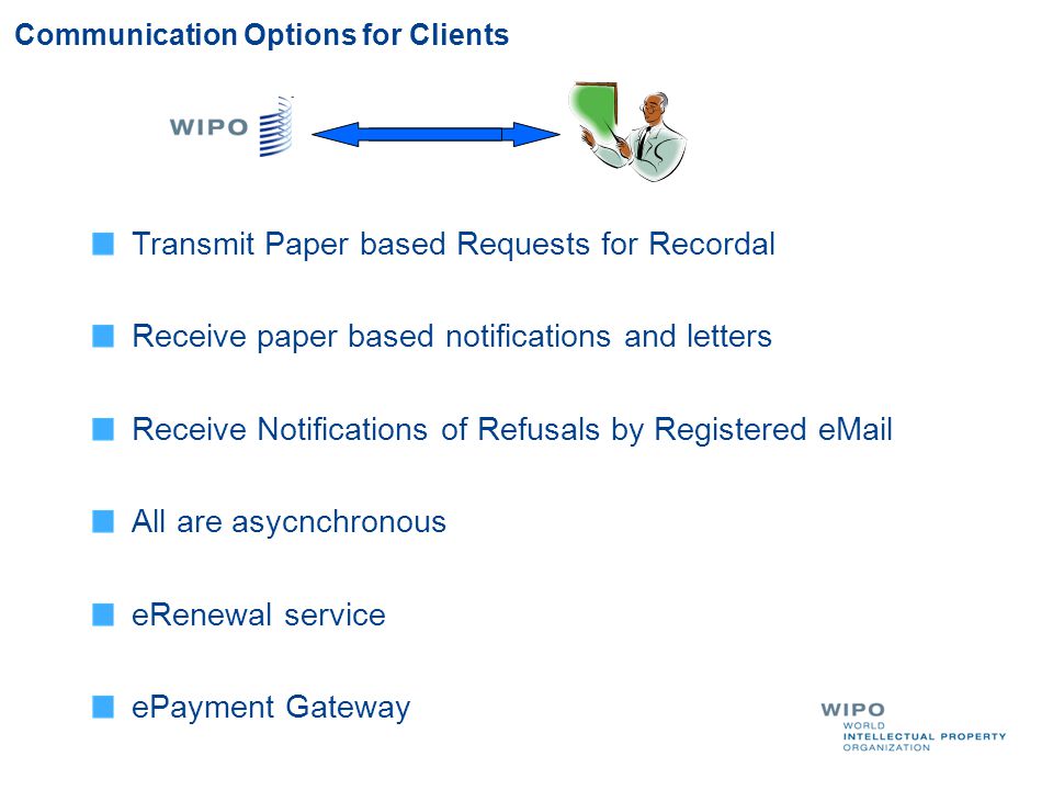 Communication Options for Clients Transmit Paper based Requests for Recordal Receive paper based notifications and letters Receive Notifications of Refusals by Registered  All are asycnchronous eRenewal service ePayment Gateway