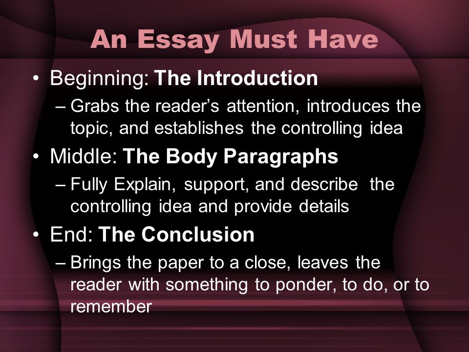 An Essay Must Have Beginning: The Introduction –Grabs the reader’s attention, introduces the topic, and establishes the controlling idea Middle: The Body Paragraphs –Fully Explain, support, and describe the controlling idea and provide details End: The Conclusion –Brings the paper to a close, leaves the reader with something to ponder, to do, or to remember