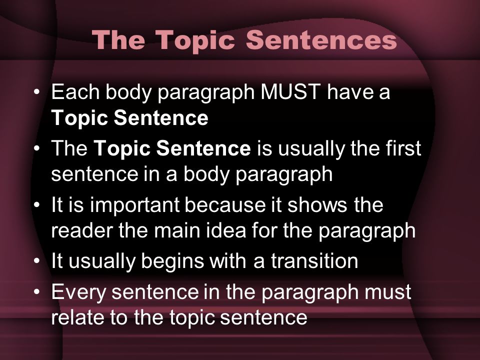 The Topic Sentences Each body paragraph MUST have a Topic Sentence The Topic Sentence is usually the first sentence in a body paragraph It is important because it shows the reader the main idea for the paragraph It usually begins with a transition Every sentence in the paragraph must relate to the topic sentence