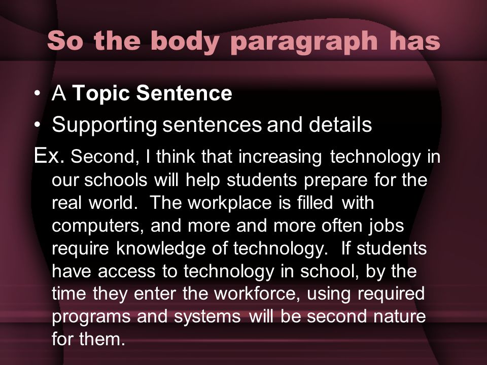 So the body paragraph has A Topic Sentence Supporting sentences and details Ex.
