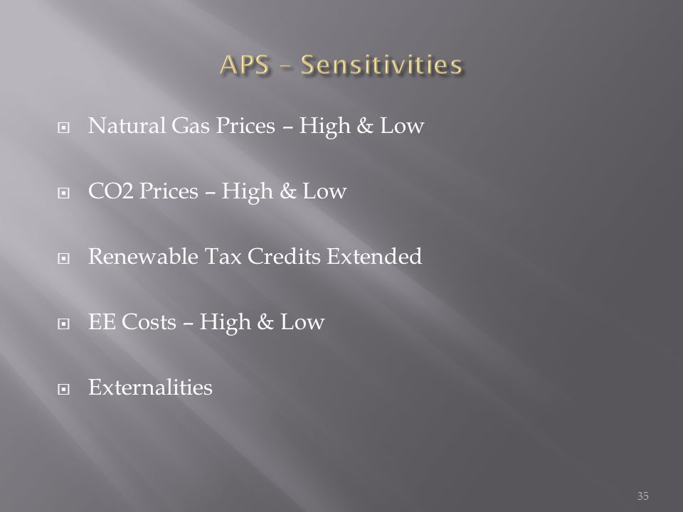  Natural Gas Prices – High & Low  CO2 Prices – High & Low  Renewable Tax Credits Extended  EE Costs – High & Low  Externalities 35