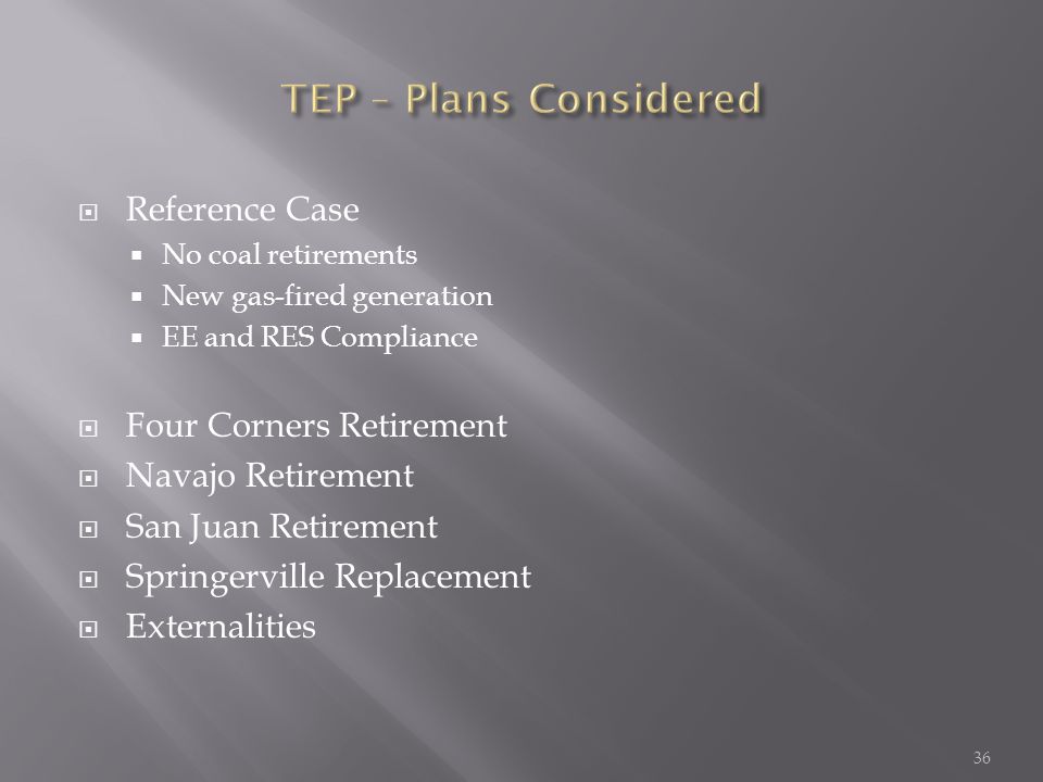  Reference Case  No coal retirements  New gas-fired generation  EE and RES Compliance  Four Corners Retirement  Navajo Retirement  San Juan Retirement  Springerville Replacement  Externalities 36