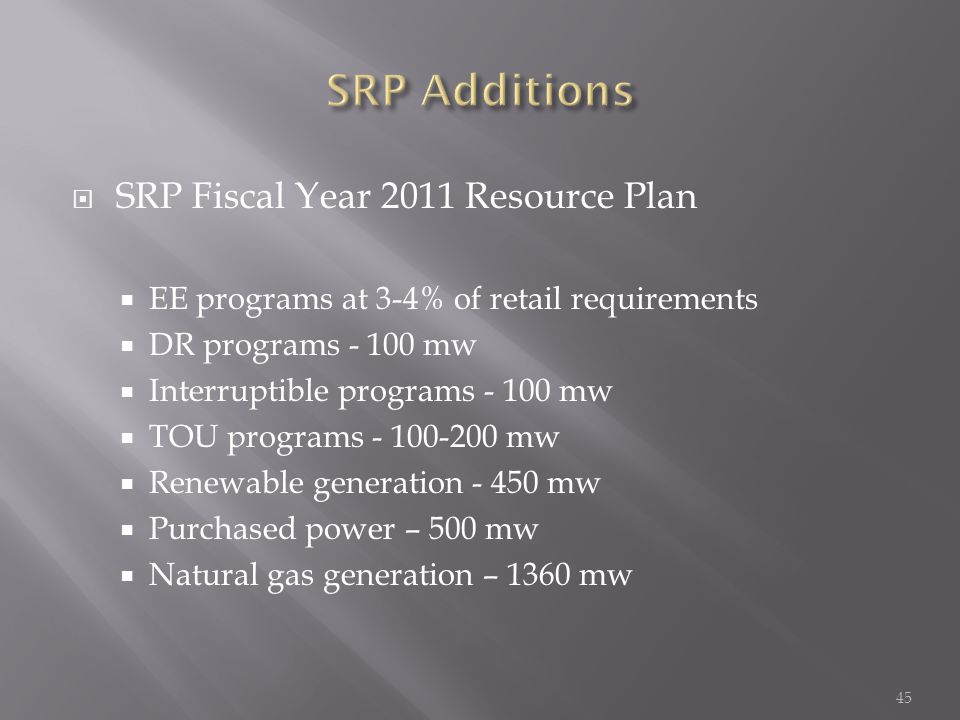  SRP Fiscal Year 2011 Resource Plan  EE programs at 3-4% of retail requirements  DR programs mw  Interruptible programs mw  TOU programs mw  Renewable generation mw  Purchased power – 500 mw  Natural gas generation – 1360 mw 45