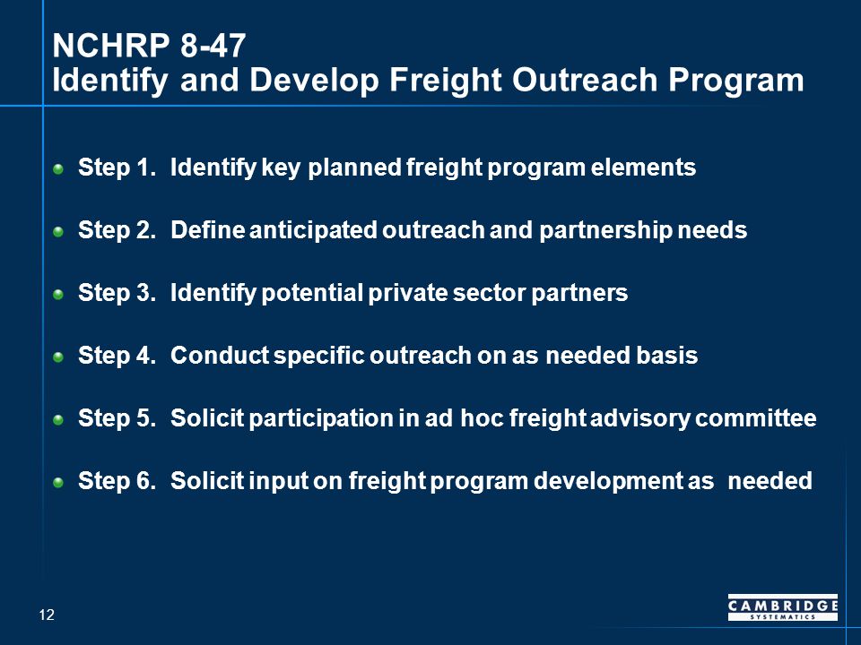 12 NCHRP 8-47 Identify and Develop Freight Outreach Program Step 1.
