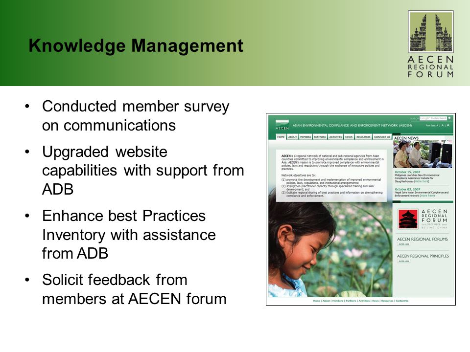 Knowledge Management Conducted member survey on communications Upgraded website capabilities with support from ADB Enhance best Practices Inventory with assistance from ADB Solicit feedback from members at AECEN forum