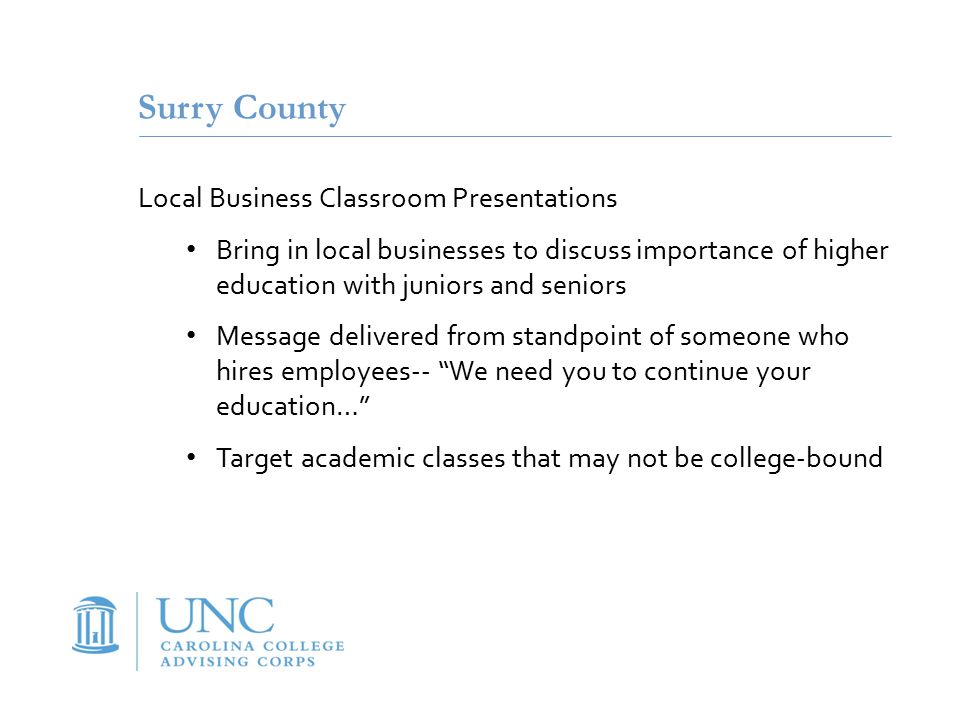 Surry County Local Business Classroom Presentations Bring in local businesses to discuss importance of higher education with juniors and seniors Message delivered from standpoint of someone who hires employees-- We need you to continue your education… Target academic classes that may not be college-bound