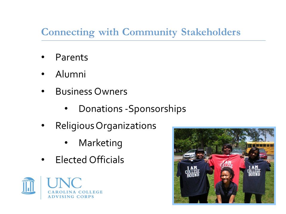 Connecting with Community Stakeholders Parents Alumni Business Owners Donations -Sponsorships Religious Organizations Marketing Elected Officials
