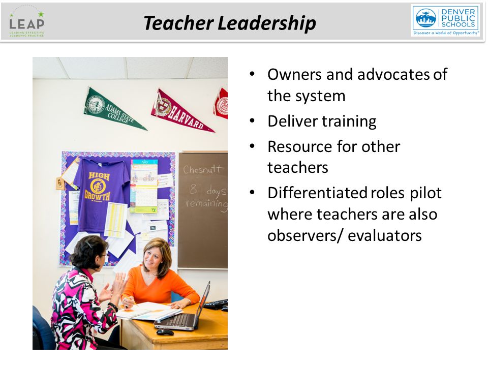 Owners and advocates of the system Deliver training Resource for other teachers Differentiated roles pilot where teachers are also observers/ evaluators Teacher Leadership