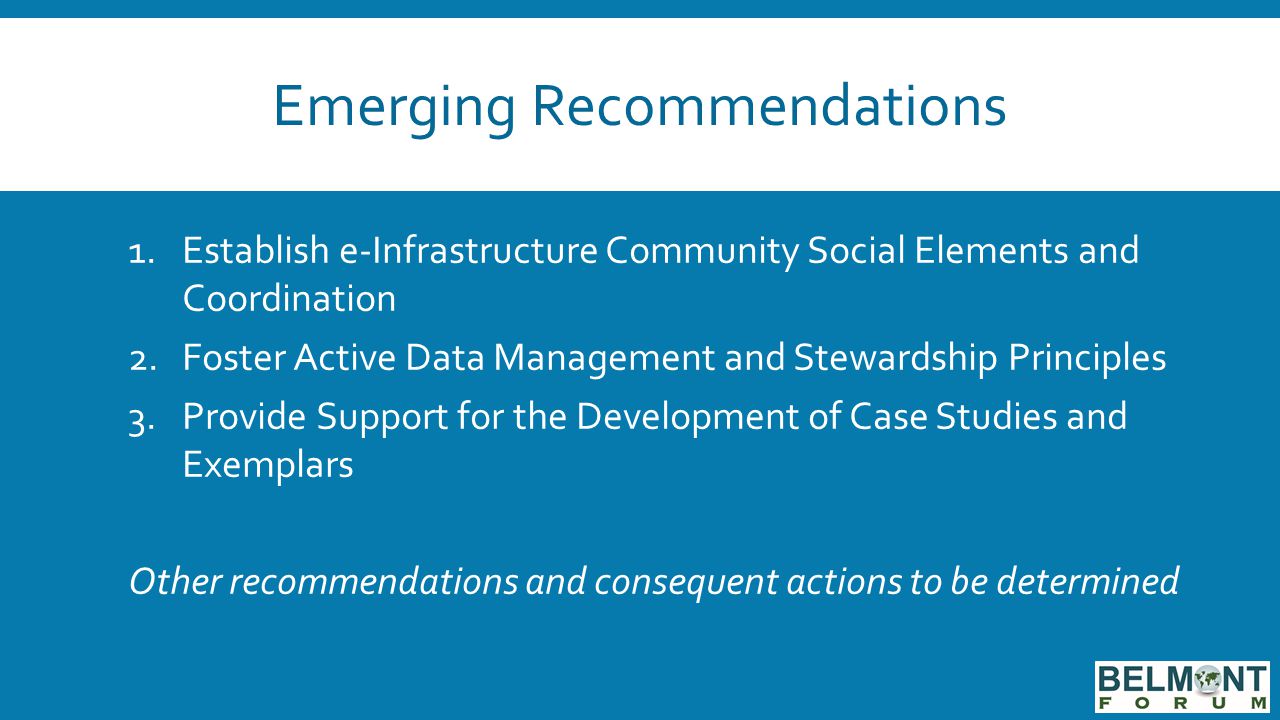 Emerging Recommendations 1.Establish e-Infrastructure Community Social Elements and Coordination 2.Foster Active Data Management and Stewardship Principles 3.Provide Support for the Development of Case Studies and Exemplars Other recommendations and consequent actions to be determined