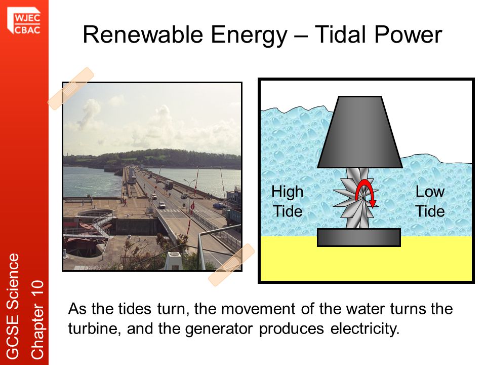 Renewable Energy – Tidal Power Low Tide High Tide As the tides turn, the movement of the water turns the turbine, and the generator produces electricity.