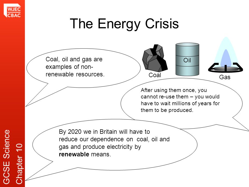 The Energy Crisis Coal, oil and gas are examples of non- renewable resources.