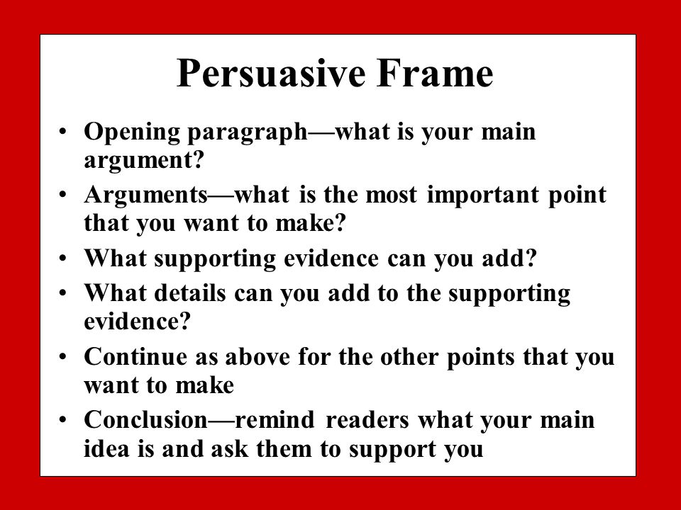 Persuasive Frame Opening paragraph—what is your main argument.