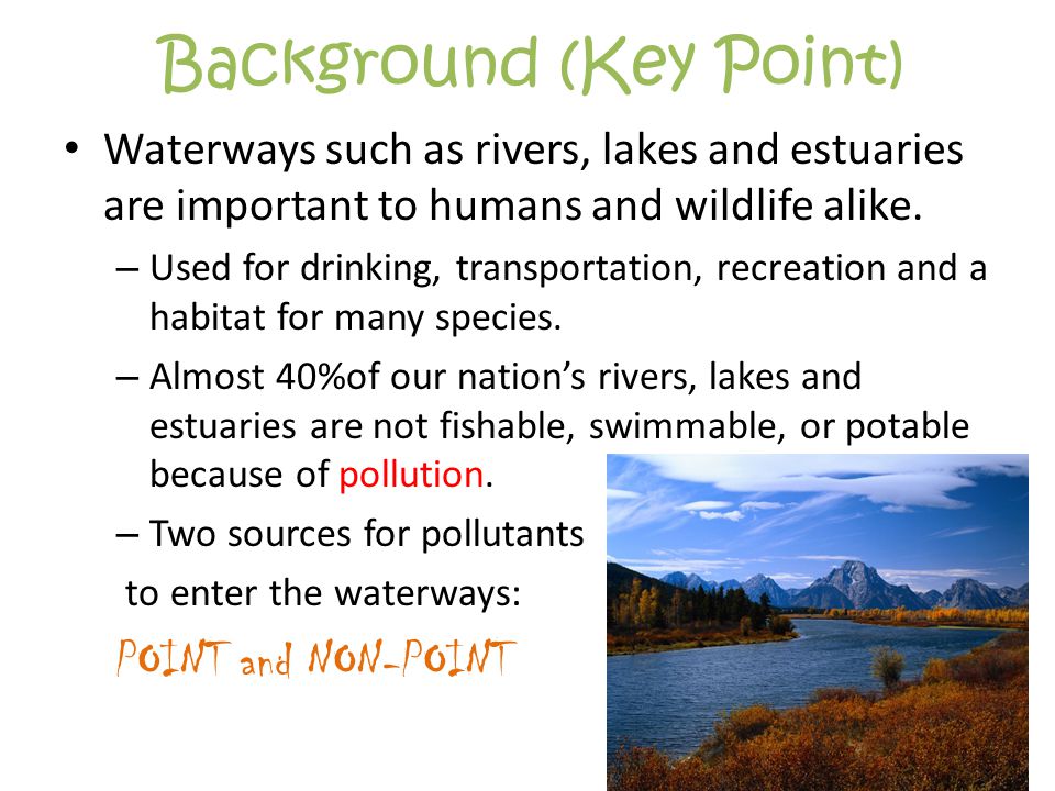 Background (Key Point) Waterways such as rivers, lakes and estuaries are important to humans and wildlife alike.