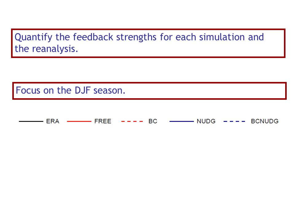 Quantify the feedback strengths for each simulation and the reanalysis. Focus on the DJF season.