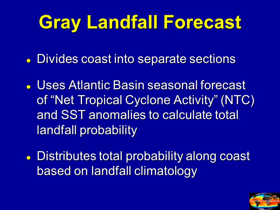 Gray Landfall Forecast l Divides coast into separate sections l Uses Atlantic Basin seasonal forecast of Net Tropical Cyclone Activity (NTC) and SST anomalies to calculate total landfall probability l Distributes total probability along coast based on landfall climatology