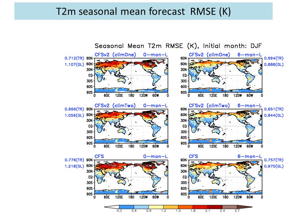 T2m seasonal mean forecast RMSE (K)
