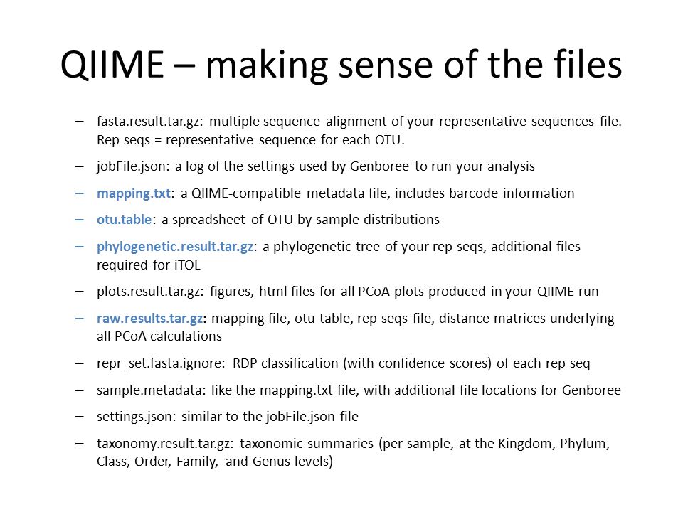 QIIME – making sense of the files – fasta.result.tar.gz: multiple sequence alignment of your representative sequences file.