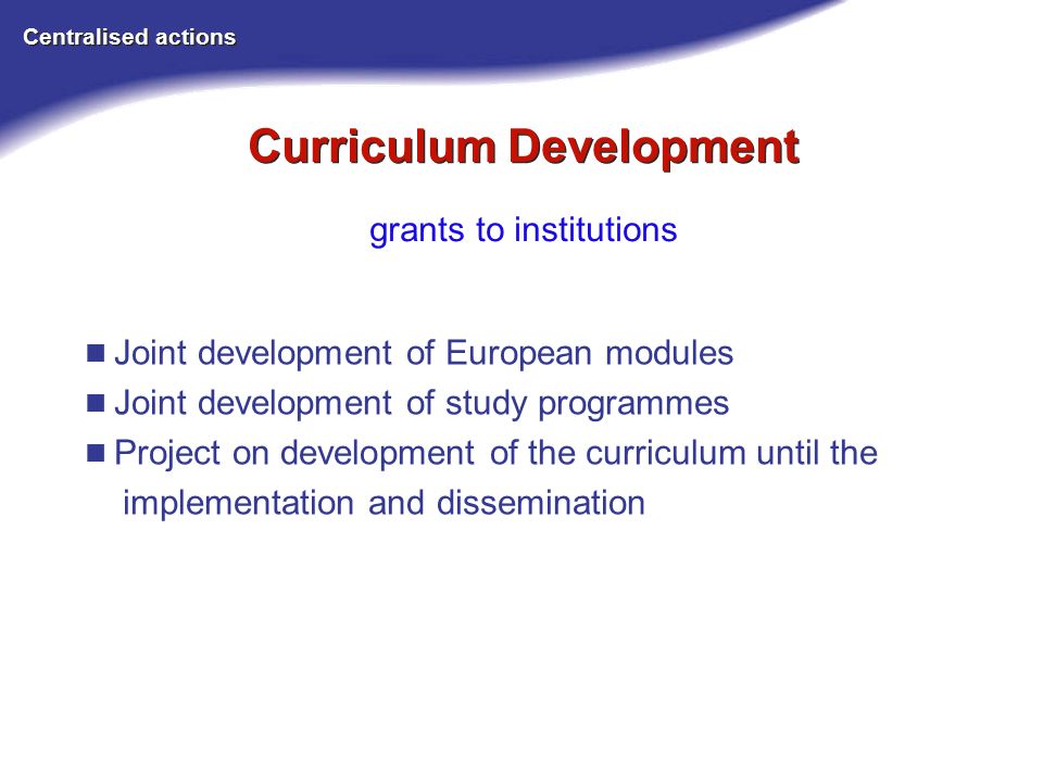 Curriculum Development Centralised actions grants to institutions Joint development of European modules Joint development of study programmes Project on development of the curriculum until the implementation and dissemination