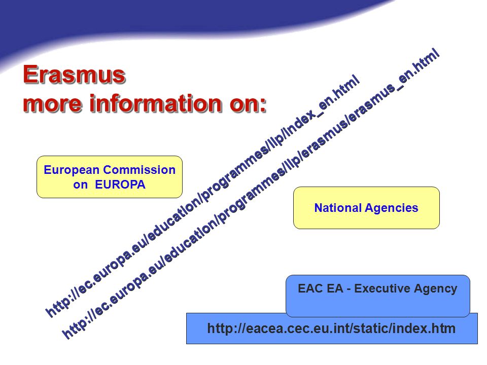 Erasmus more information on: European Commission on EUROPA EAC EA - Executive Agency National Agencies