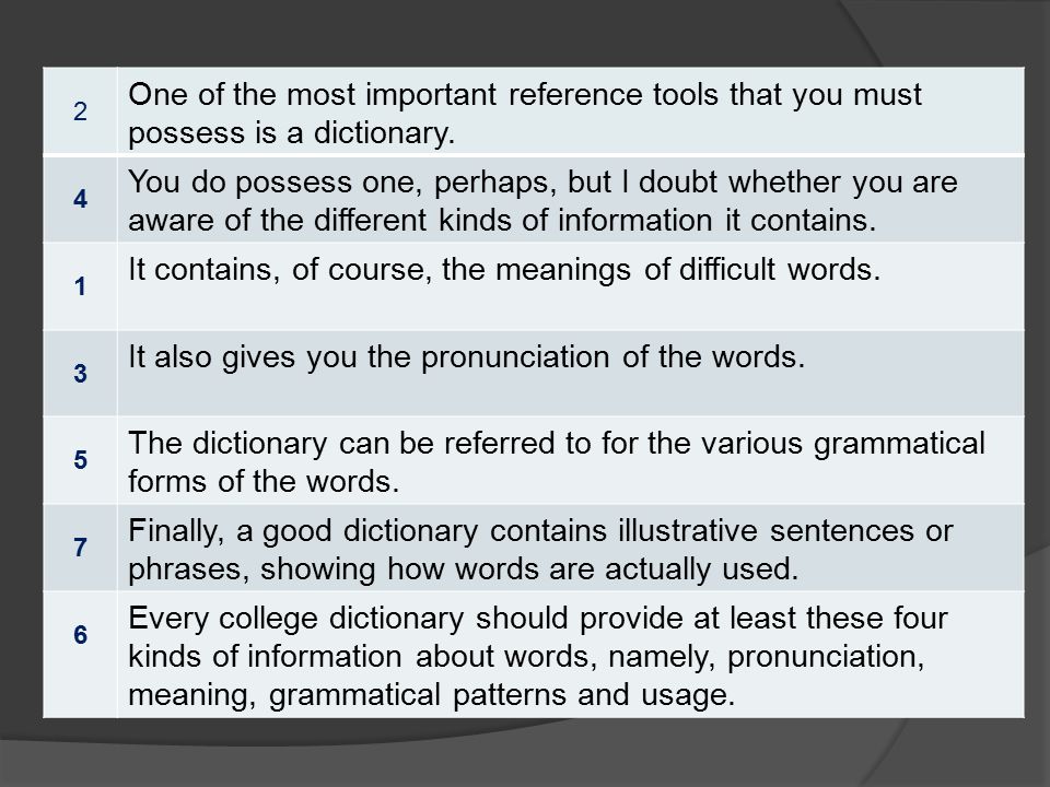 2 One of the most important reference tools that you must possess is a dictionary.