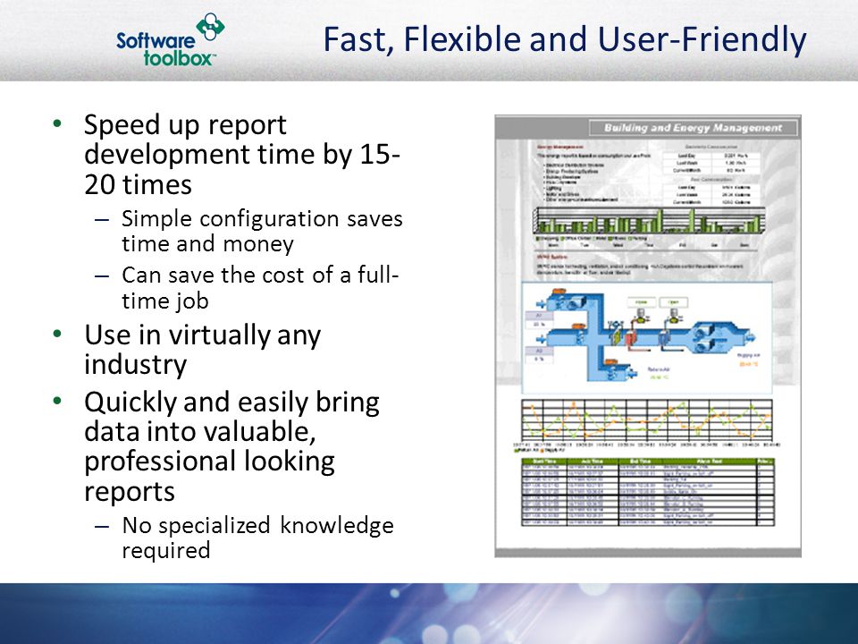 Fast, Flexible and User-Friendly Speed up report development time by times – Simple configuration saves time and money – Can save the cost of a full- time job Use in virtually any industry Quickly and easily bring data into valuable, professional looking reports – No specialized knowledge required