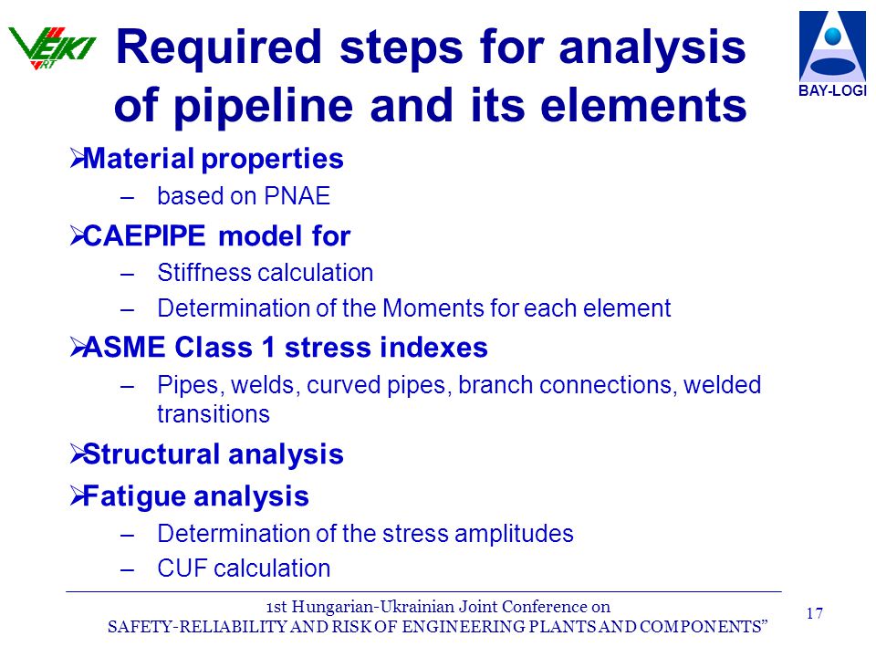 1st Hungarian-Ukrainian Joint Conference on SAFETY-RELIABILITY AND RISK OF ENGINEERING PLANTS AND COMPONENTS BAY-LOGI 17   Material properties – –based on PNAE   CAEPIPE model for – –Stiffness calculation – –Determination of the Moments for each element   ASME Class 1 stress indexes – –Pipes, welds, curved pipes, branch connections, welded transitions   Structural analysis   Fatigue analysis – –Determination of the stress amplitudes – –CUF calculation Required steps for analysis of pipeline and its elements