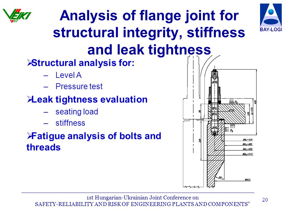 1st Hungarian-Ukrainian Joint Conference on SAFETY-RELIABILITY AND RISK OF ENGINEERING PLANTS AND COMPONENTS BAY-LOGI 20 Analysis of flange joint for structural integrity, stiffness and leak tightness   Structural analysis for: – –Level A – –Pressure test   Leak tightness evaluation – –seating load – –stiffness   Fatigue analysis of bolts and threads