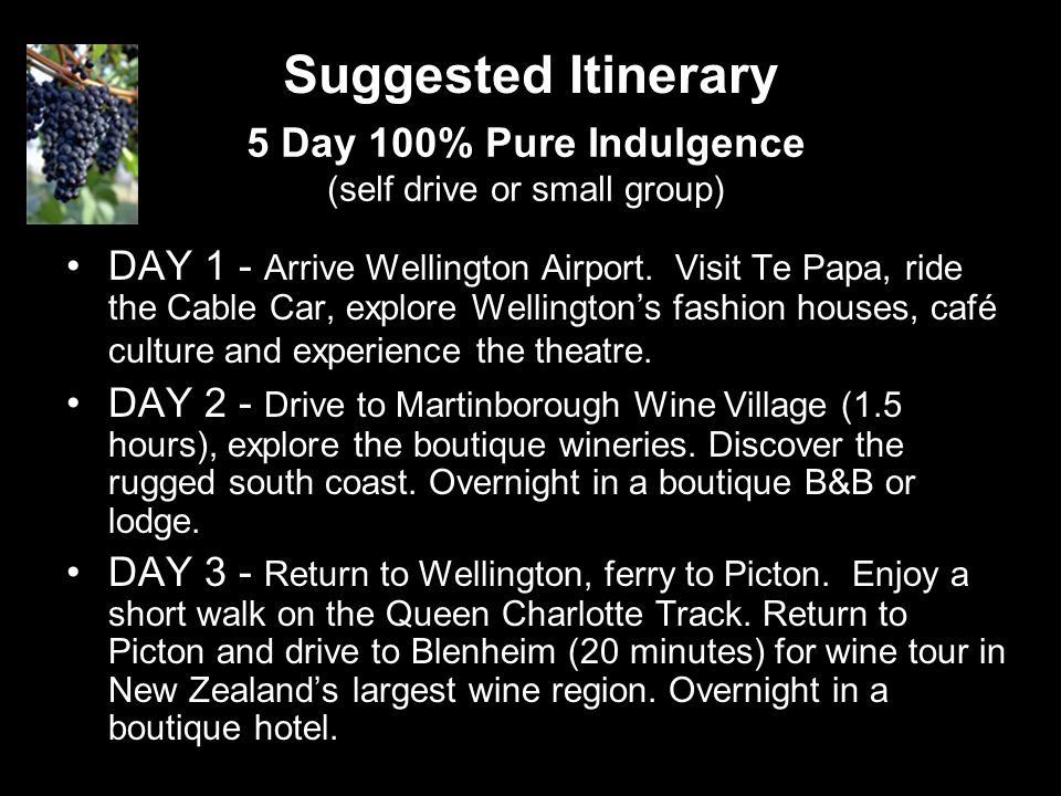 Suggested Itinerary DAY 1 - Arrive Wellington Airport.