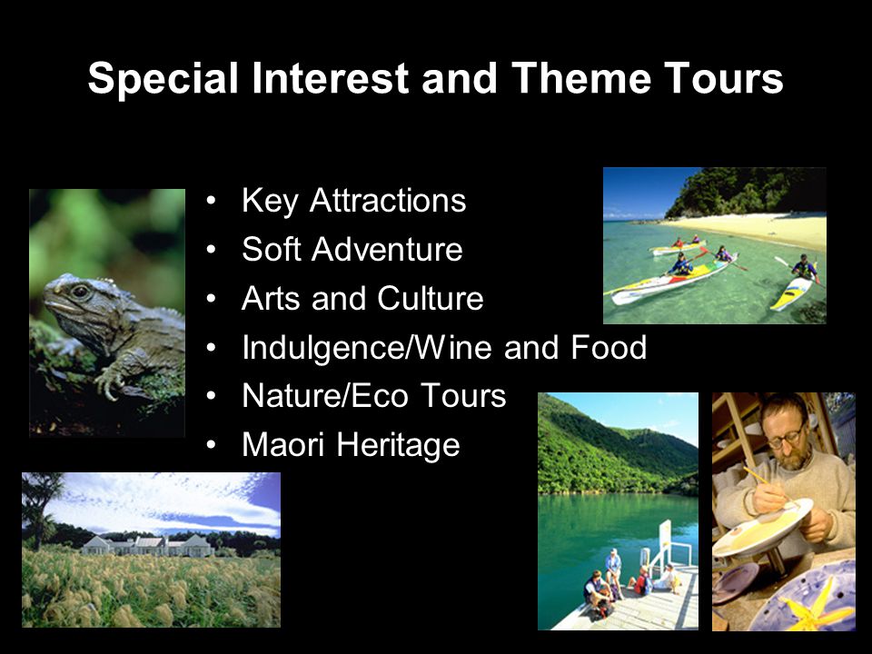 Special Interest and Theme Tours Key Attractions Soft Adventure Arts and Culture Indulgence/Wine and Food Nature/Eco Tours Maori Heritage