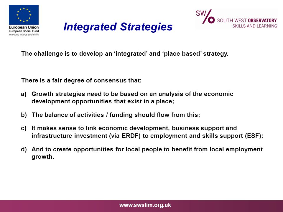Integrated Strategies The challenge is to develop an ‘integrated’ and ‘place based’ strategy.