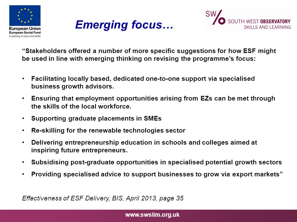 Emerging focus… Stakeholders offered a number of more specific suggestions for how ESF might be used in line with emerging thinking on revising the programme’s focus: Facilitating locally based, dedicated one-to-one support via specialised business growth advisors.