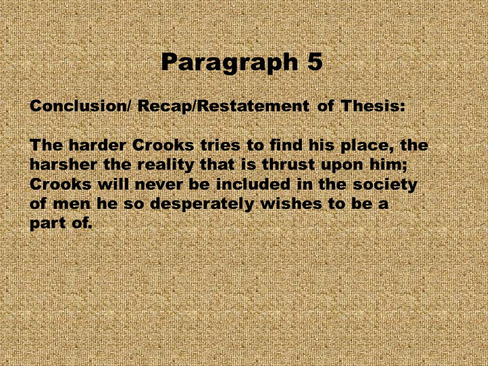 Paragraph 5 Conclusion/ Recap/Restatement of Thesis: The harder Crooks tries to find his place, the harsher the reality that is thrust upon him; Crooks will never be included in the society of men he so desperately wishes to be a part of.