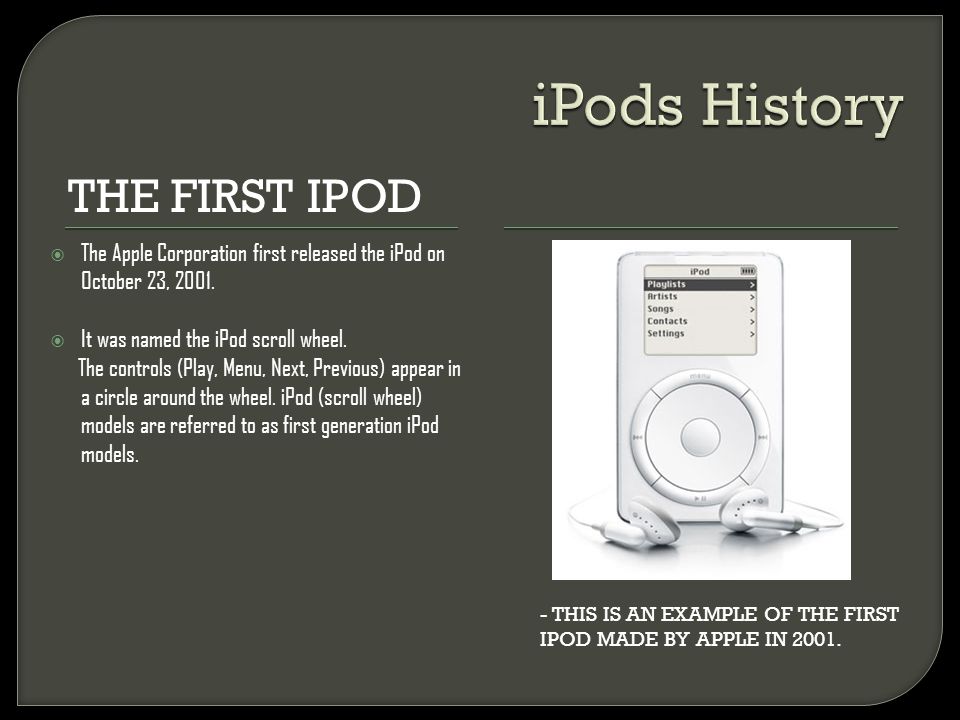 THE FIRST IPOD - THIS IS AN EXAMPLE OF THE FIRST IPOD MADE BY APPLE IN 2001.