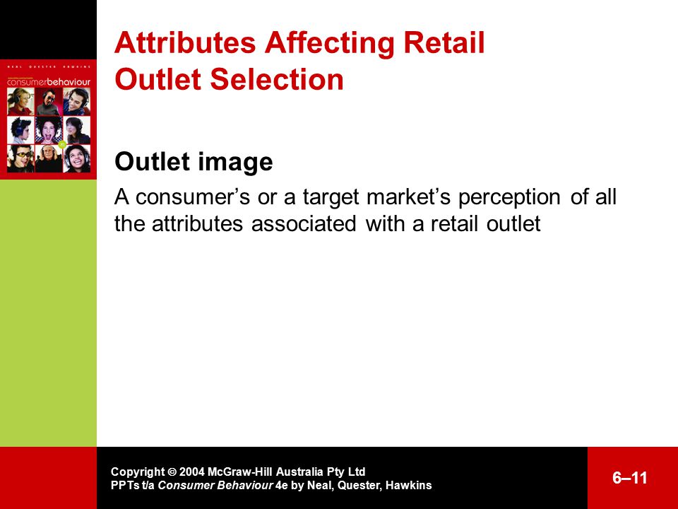 Copyright  2004 McGraw-Hill Australia Pty Ltd PPTs t/a Consumer Behaviour 4e by Neal, Quester, Hawkins 6–11 Attributes Affecting Retail Outlet Selection Outlet image A consumer’s or a target market’s perception of all the attributes associated with a retail outlet