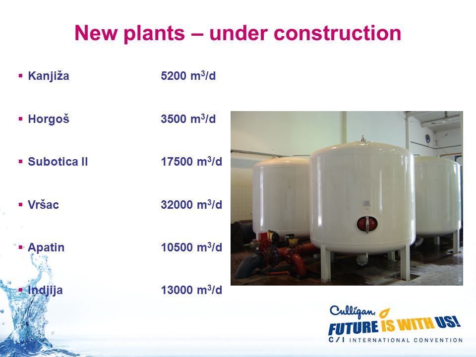 New plants – under construction  Kanjiža5200 m 3 /d  Horgoš3500 m 3 /d  Subotica II17500 m 3 /d  Vršac32000 m 3 /d  Apatin10500 m 3 /d  Indjija13000 m 3 /d