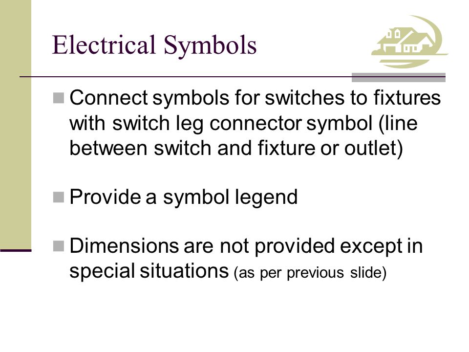 Electrical Symbols Connect symbols for switches to fixtures with switch leg connector symbol (line between switch and fixture or outlet) Provide a symbol legend Dimensions are not provided except in special situations (as per previous slide)