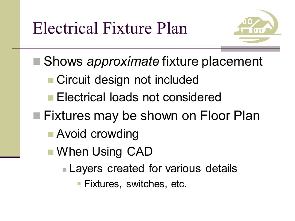 Electrical Fixture Plan Shows approximate fixture placement Circuit design not included Electrical loads not considered Fixtures may be shown on Floor Plan Avoid crowding When Using CAD Layers created for various details  Fixtures, switches, etc.