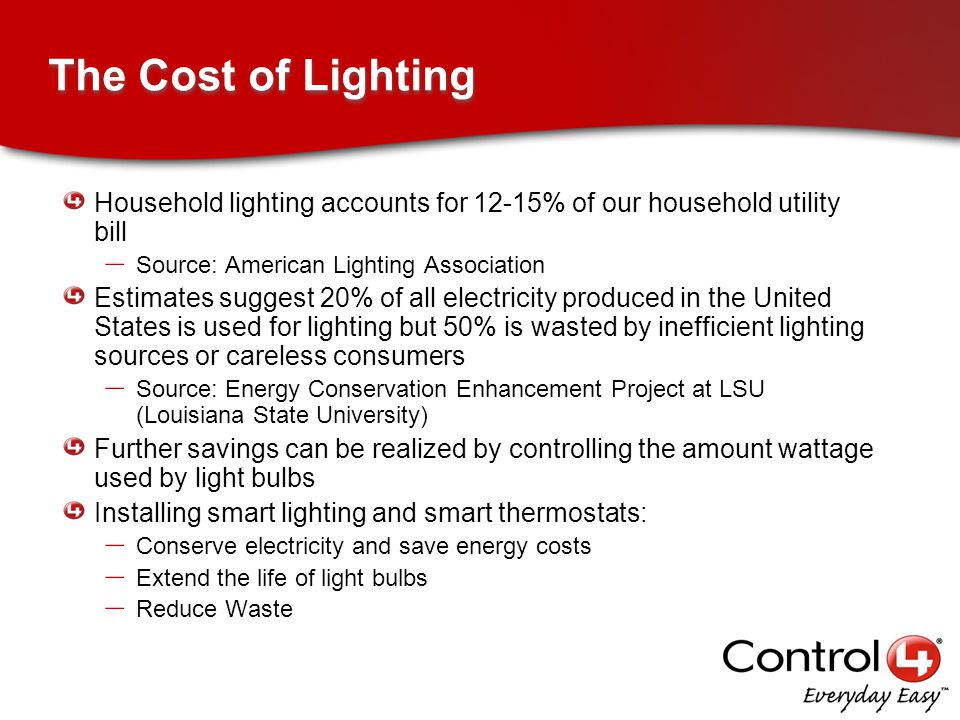 The Cost of Lighting Household lighting accounts for 12-15% of our household utility bill – Source: American Lighting Association Estimates suggest 20% of all electricity produced in the United States is used for lighting but 50% is wasted by inefficient lighting sources or careless consumers – Source: Energy Conservation Enhancement Project at LSU (Louisiana State University) Further savings can be realized by controlling the amount wattage used by light bulbs Installing smart lighting and smart thermostats: – Conserve electricity and save energy costs – Extend the life of light bulbs – Reduce Waste