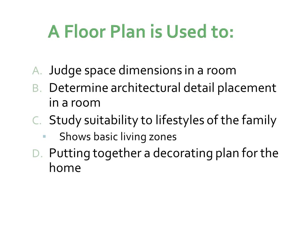 A Floor Plan is Used to: A. Judge space dimensions in a room B.