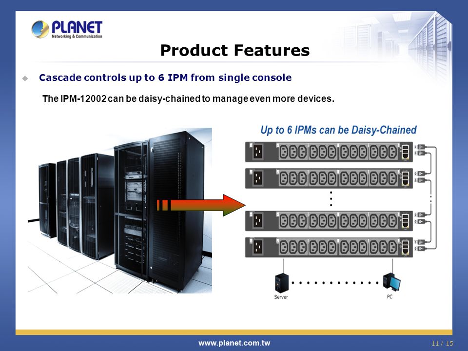 Product Features  Cascade controls up to 6 IPM from single console The IPM can be daisy-chained to manage even more devices.