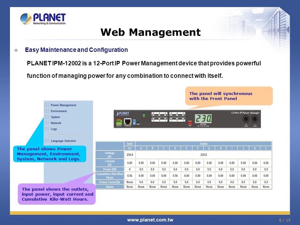 Web Management  Easy Maintenance and Configuration PLANET IPM is a 12-Port IP Power Management device that provides powerful function of managing power for any combination to connect with itself.