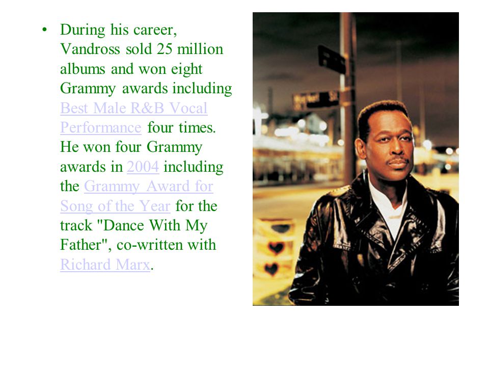 During his career, Vandross sold 25 million albums and won eight Grammy awards including Best Male R&B Vocal Performance four times.